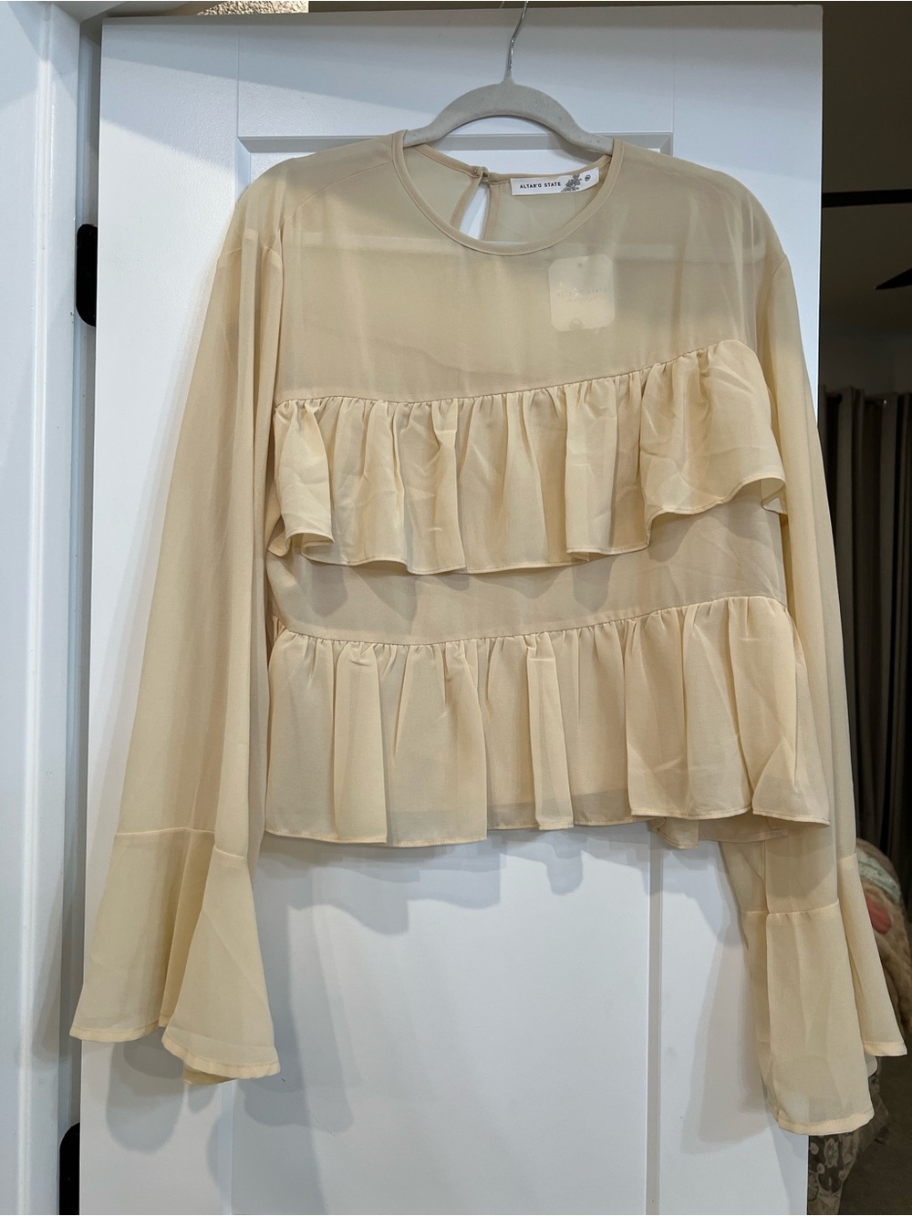 Altar'd State Cream Ruffled Sheer Long-Sleeve Blouse